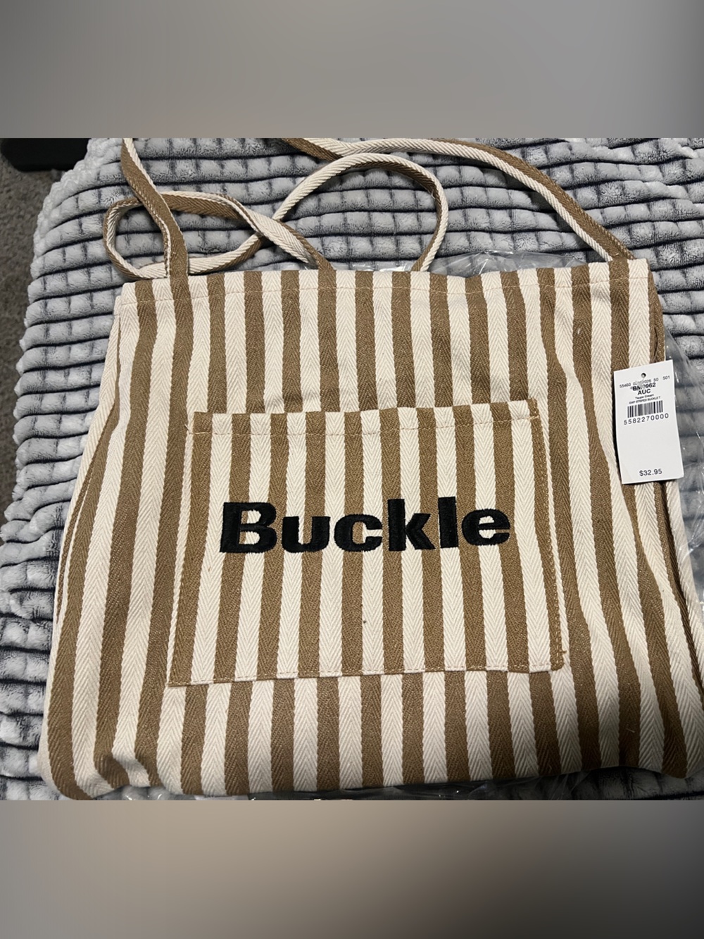 Buckle Striped Canvas Tote with Front Pocket - Beige & White